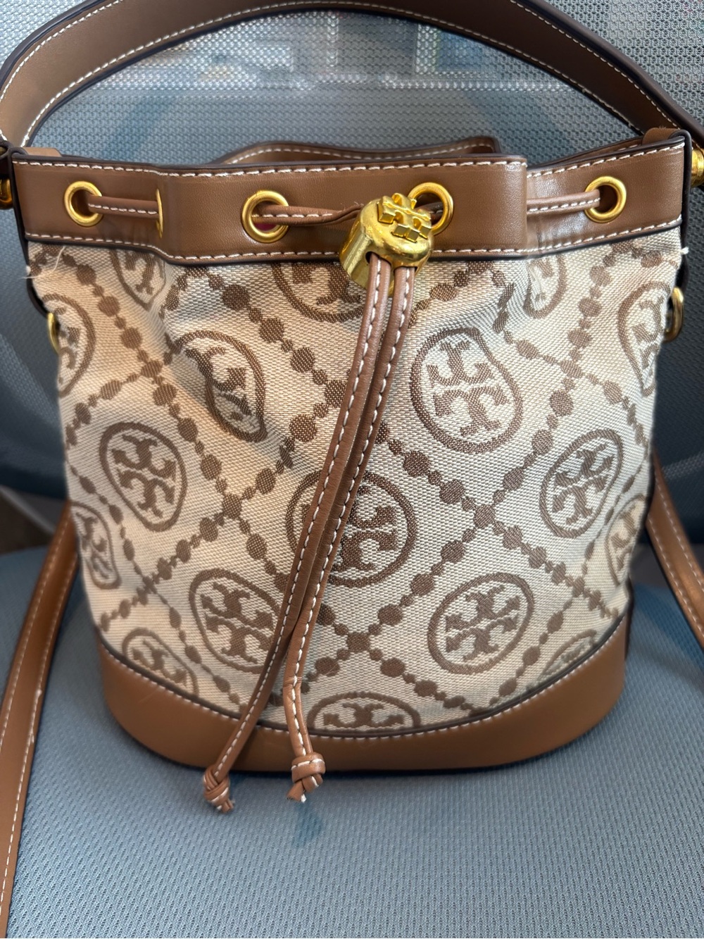Tory Burch Beige and Brown Logo Canvas Drawstring Mini Bucket Bag